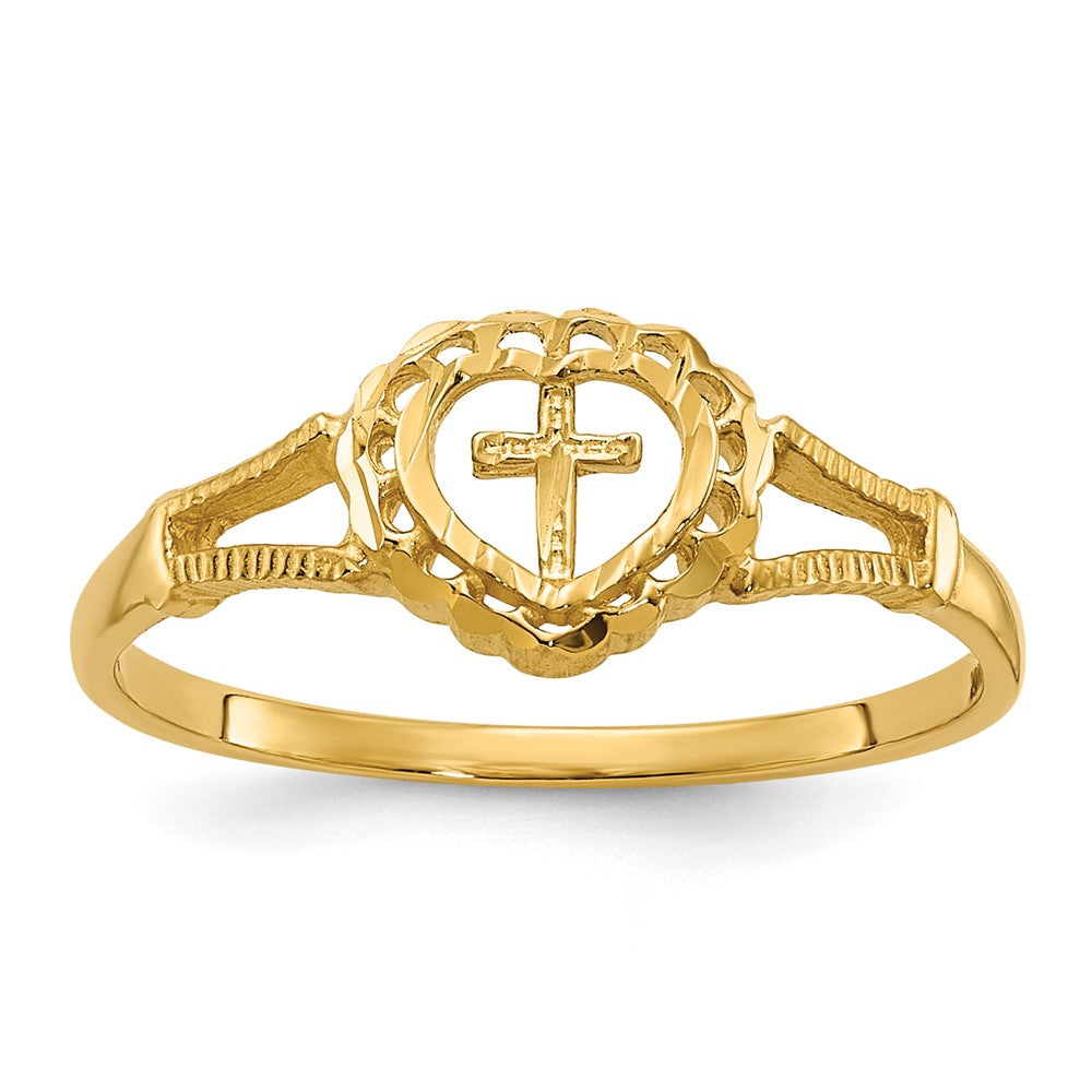 14K Diamond-Cut Cross in Heart Baby / Childs Ring