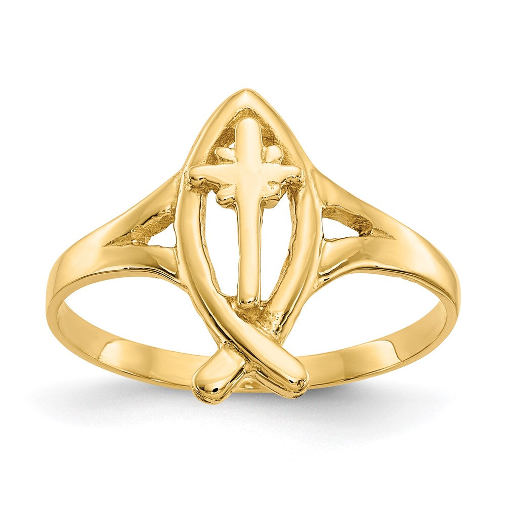 14k Ichthus with Cross Ring