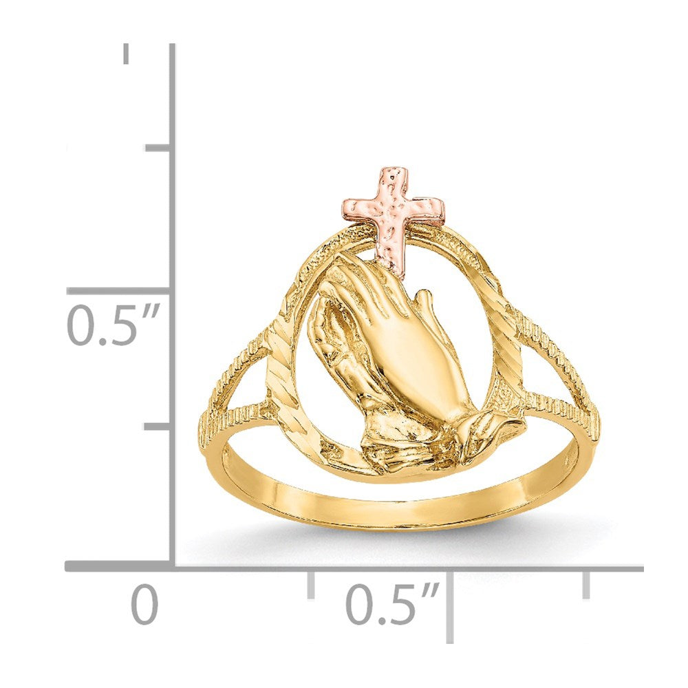 14K Two-tone Diamond Cut Praying Hands with Cross Ring