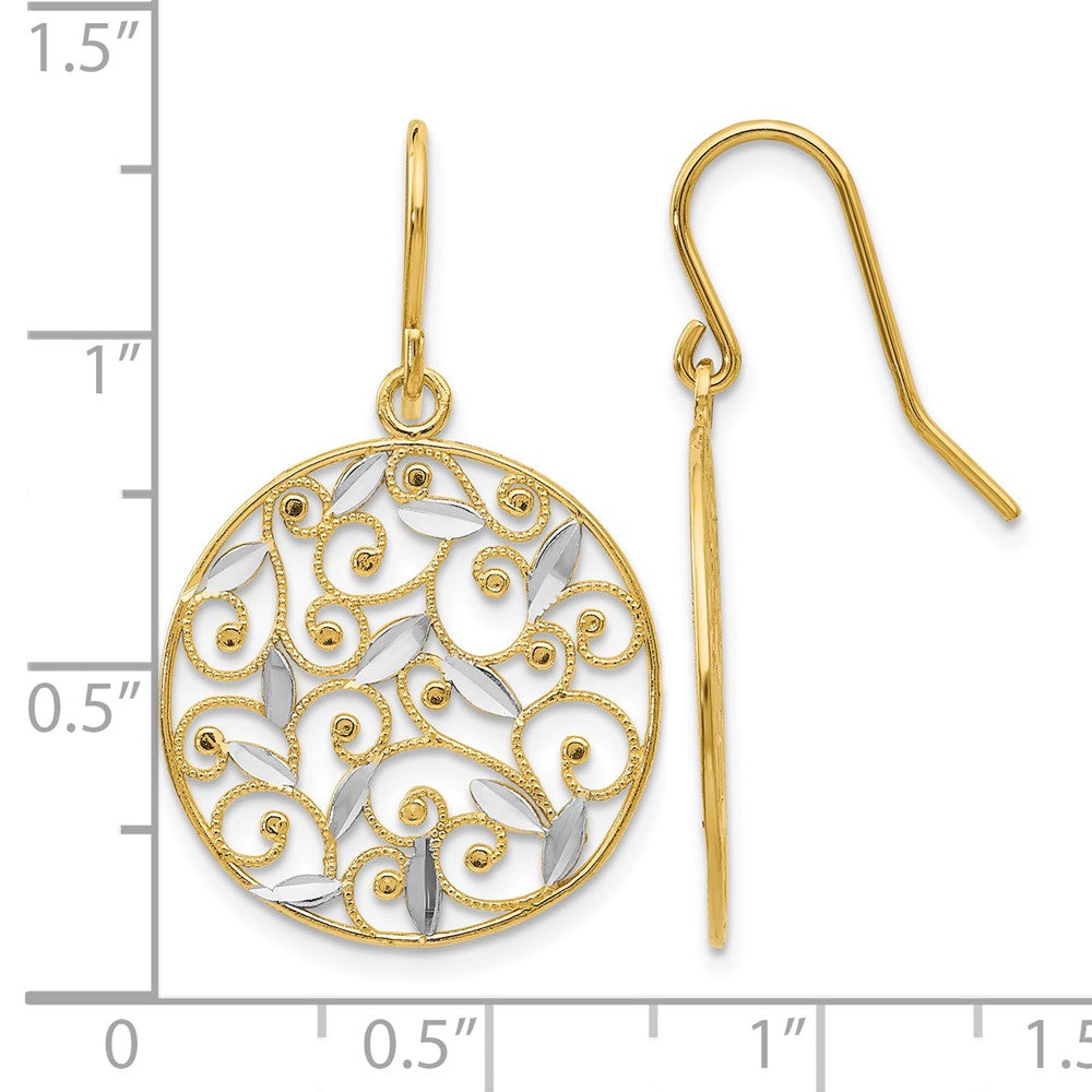 14K and White Rhodium Diamond-cut Filigree Circle Dangle French Hook Earrings
