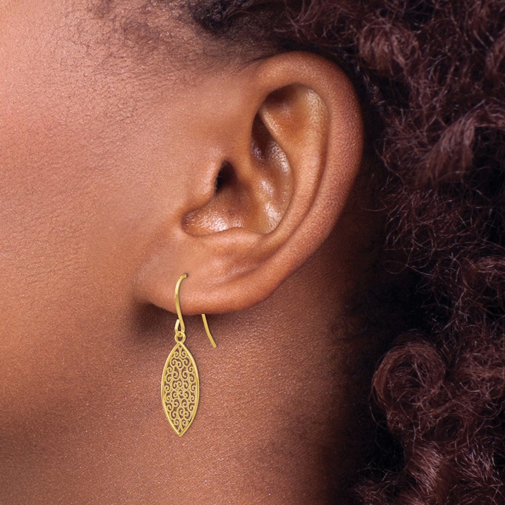 14k Fancy Filigree Pointed Oval Dangle French Hook Earrings