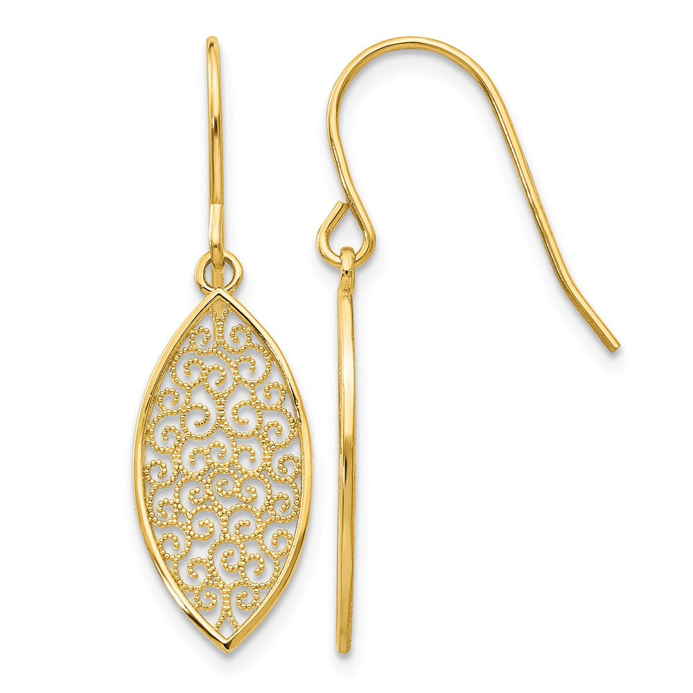 14k Fancy Filigree Pointed Oval Dangle French Hook Earrings