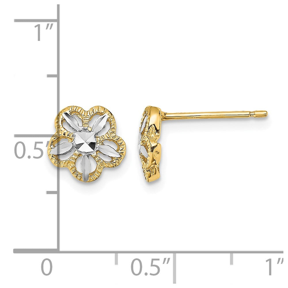 14K and White Rhodium Diamond-cut Flower Post Earrings
