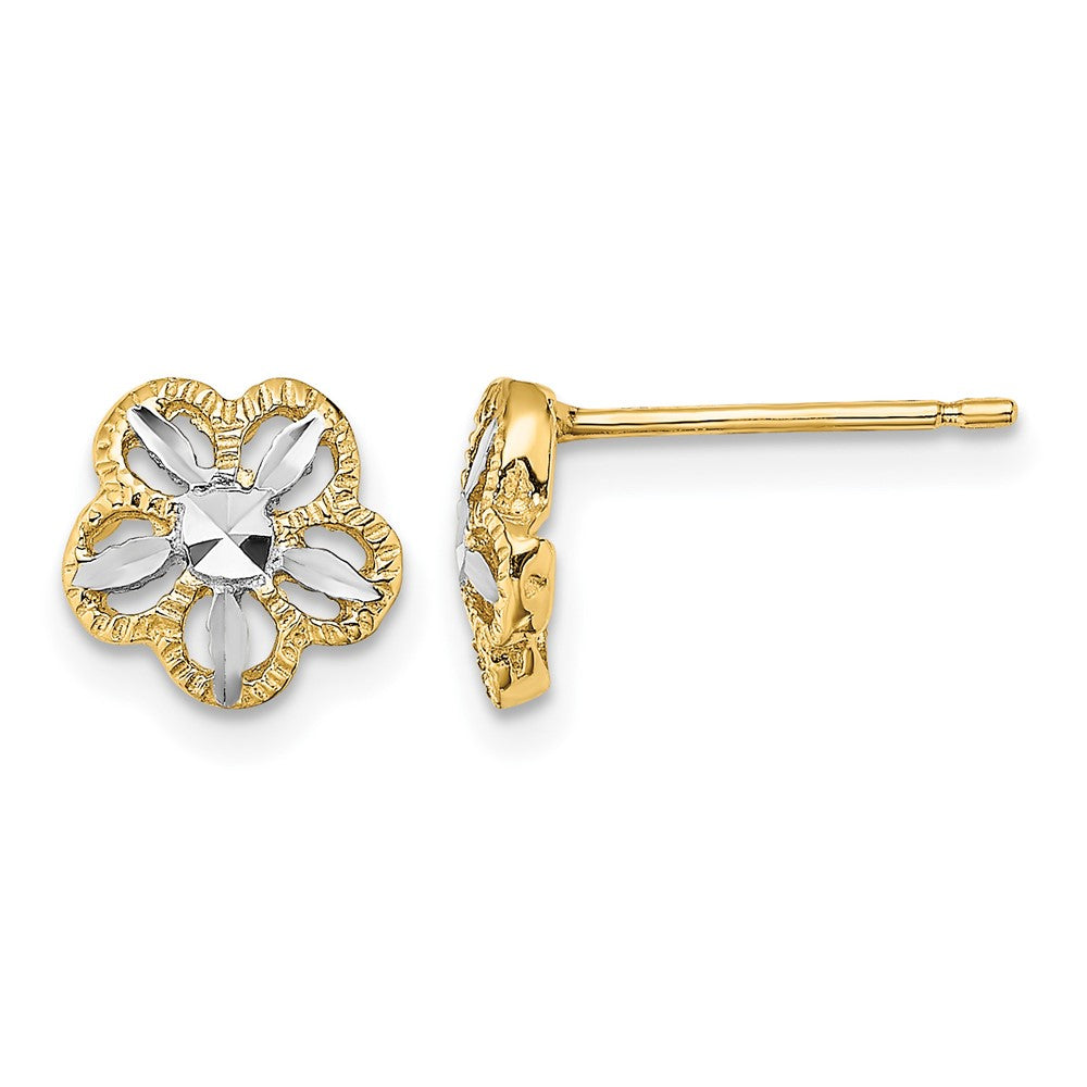 14K and White Rhodium Diamond-cut Flower Post Earrings