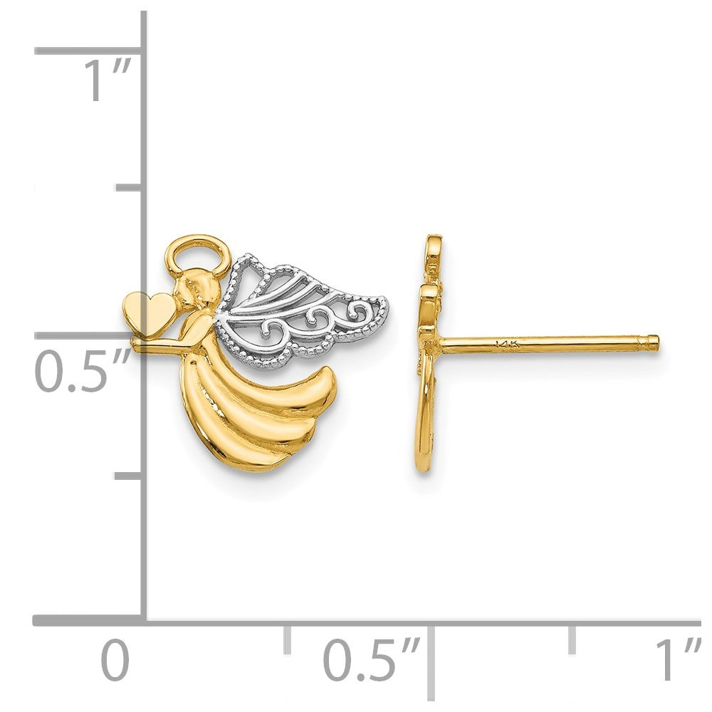 14K and White Rhodium Angel With Heart Post Earrings