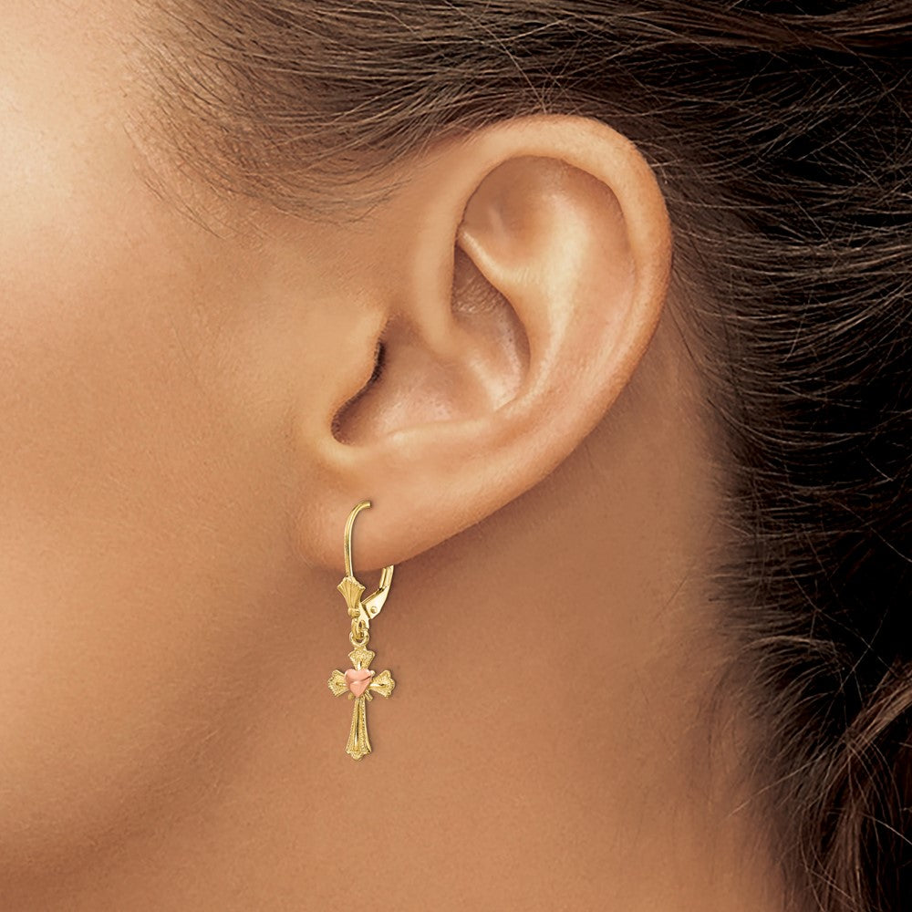 14K Two-tone Heart on Cross Dangle Leverback Earrings