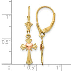 14K Two-tone Heart on Cross Dangle Leverback Earrings