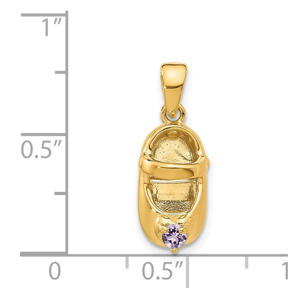 14k 3-D June/Light Purple Synthetic Stone Engravable Baby Shoe Charm