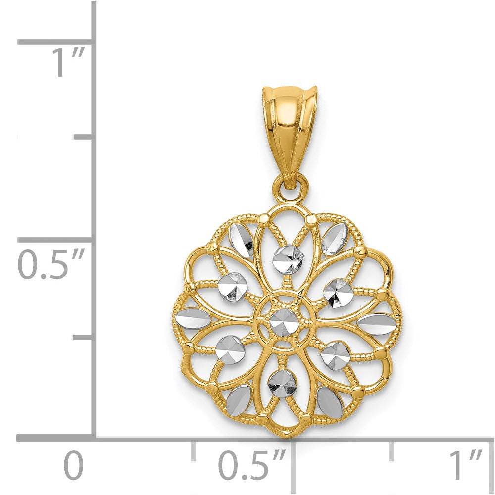 14K and White Rhodium Diamond-Cut Round Pendant