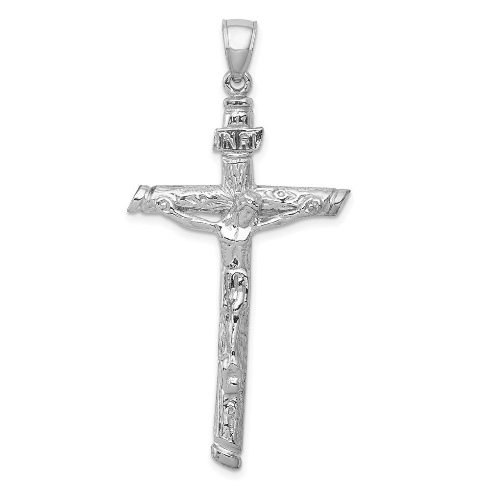 14k White Gold Textured Tree INRI Crucifix Pendant