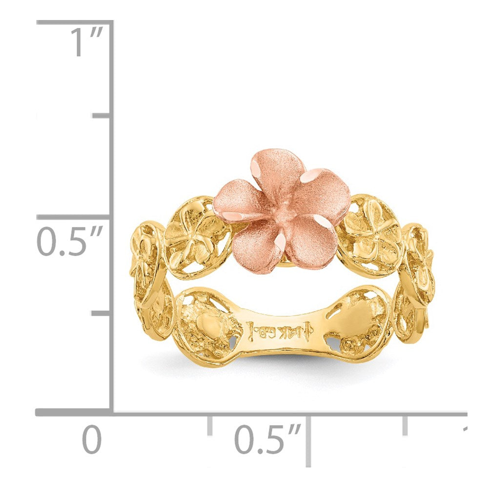 14k Yellow and Rose Gold Diamond-cut Plumeria Flowers Ring