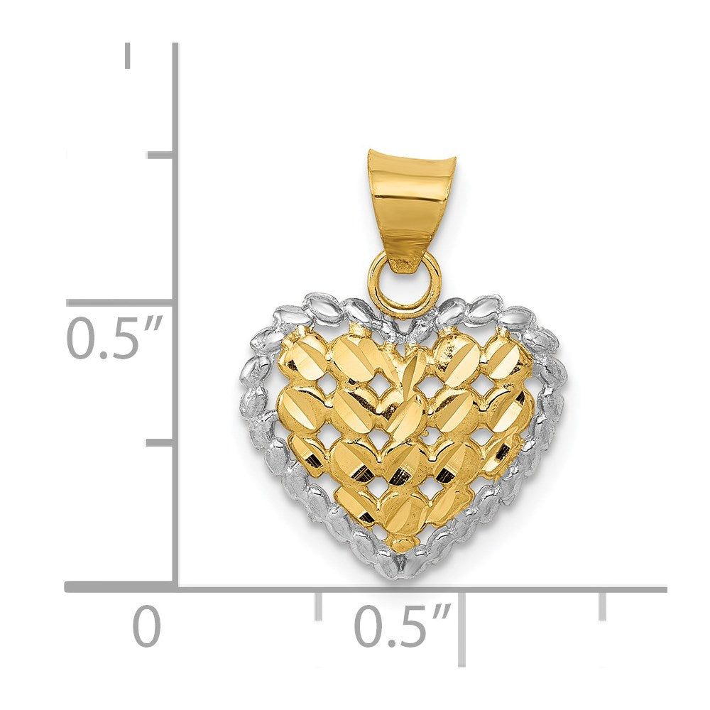 14K and White Rhodium Polished Diamond-cut Heart Pendant