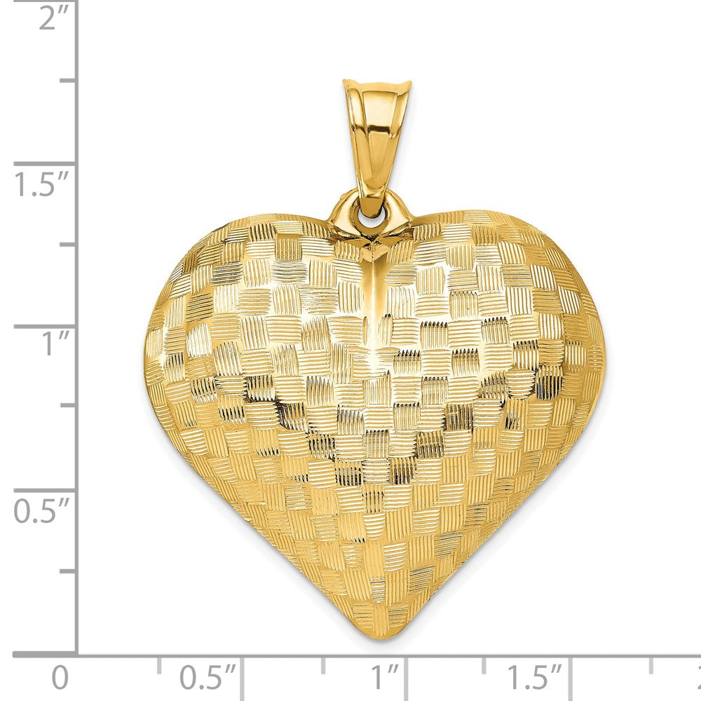 14K Polished Basket Weave Pattern 3-D Puffed Heart Pendant