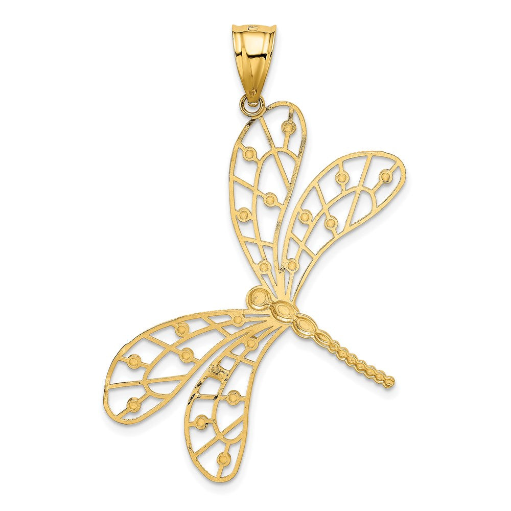 14k and White Rhodium Polished Diamond-cut Filigree Dragonfly Pendant
