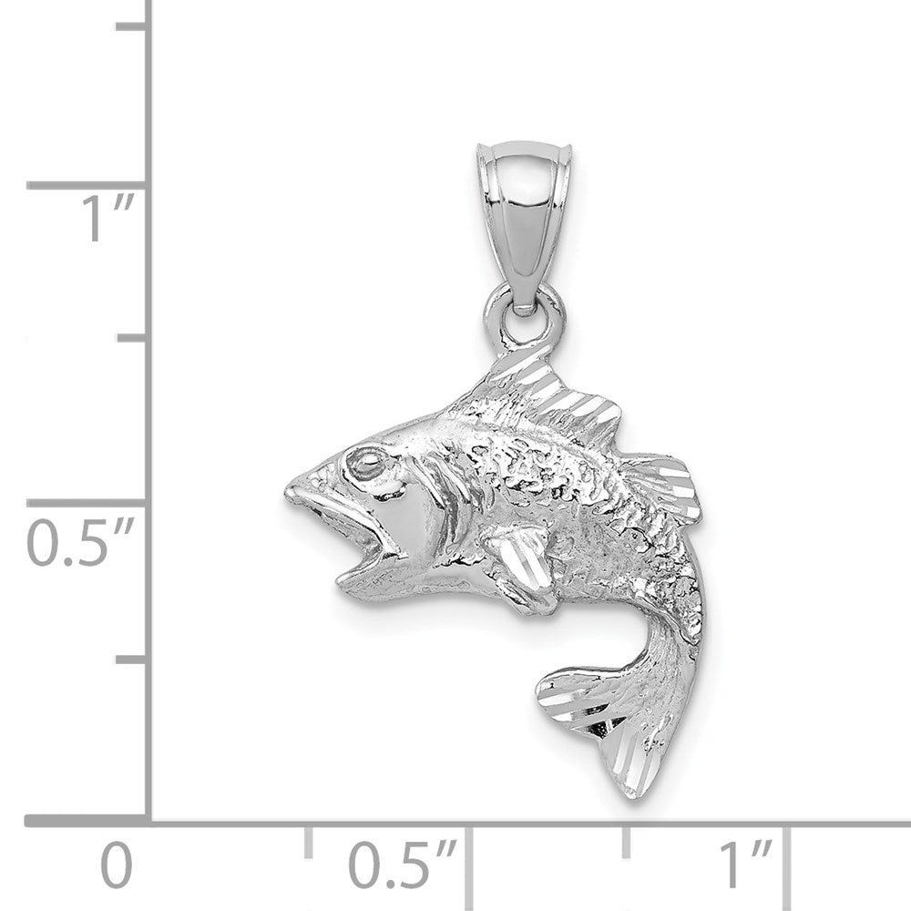 14k White Gold Polished Textured Bass Fish Pendant