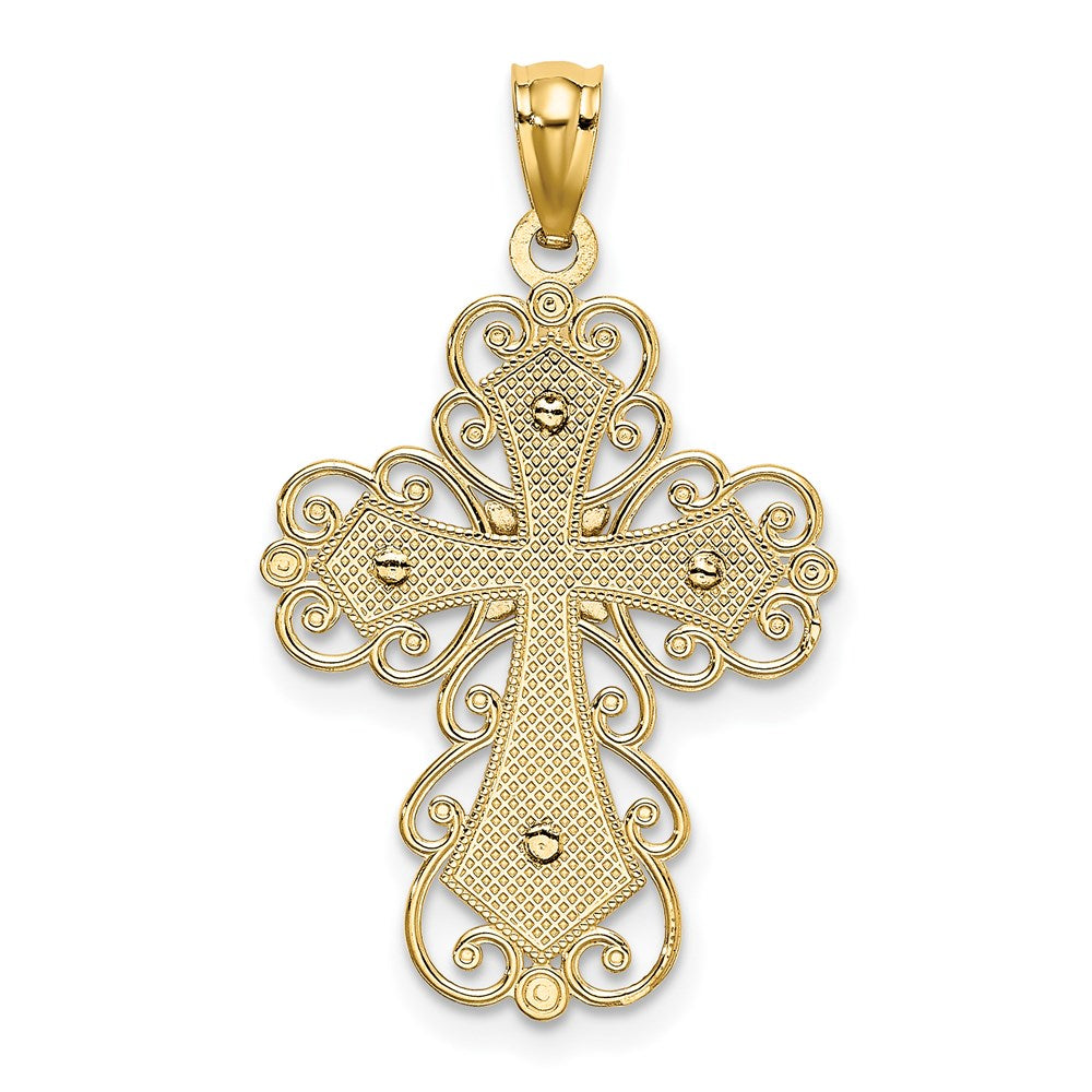 14K Two-tone Polished 2-Level Filigree Cross Pendant