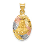 14K with Rose and White Rhodium Diamond-cut Solid Sagrado Corazon de Jesus Oval Pendant