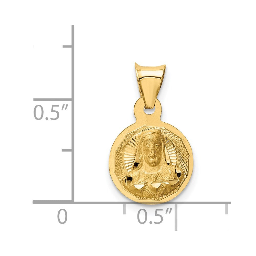 14K Polished Diamond-cut Solid Sagrado Corazon de Jesus Round Pendant