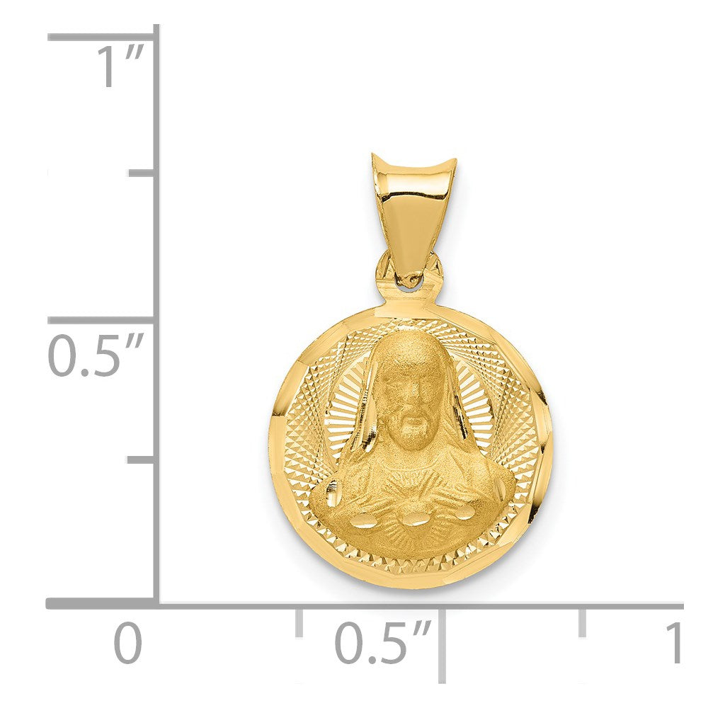 14K Polished Diamond-cut Solid Sagrado Corazon de Jesus Round Pendant