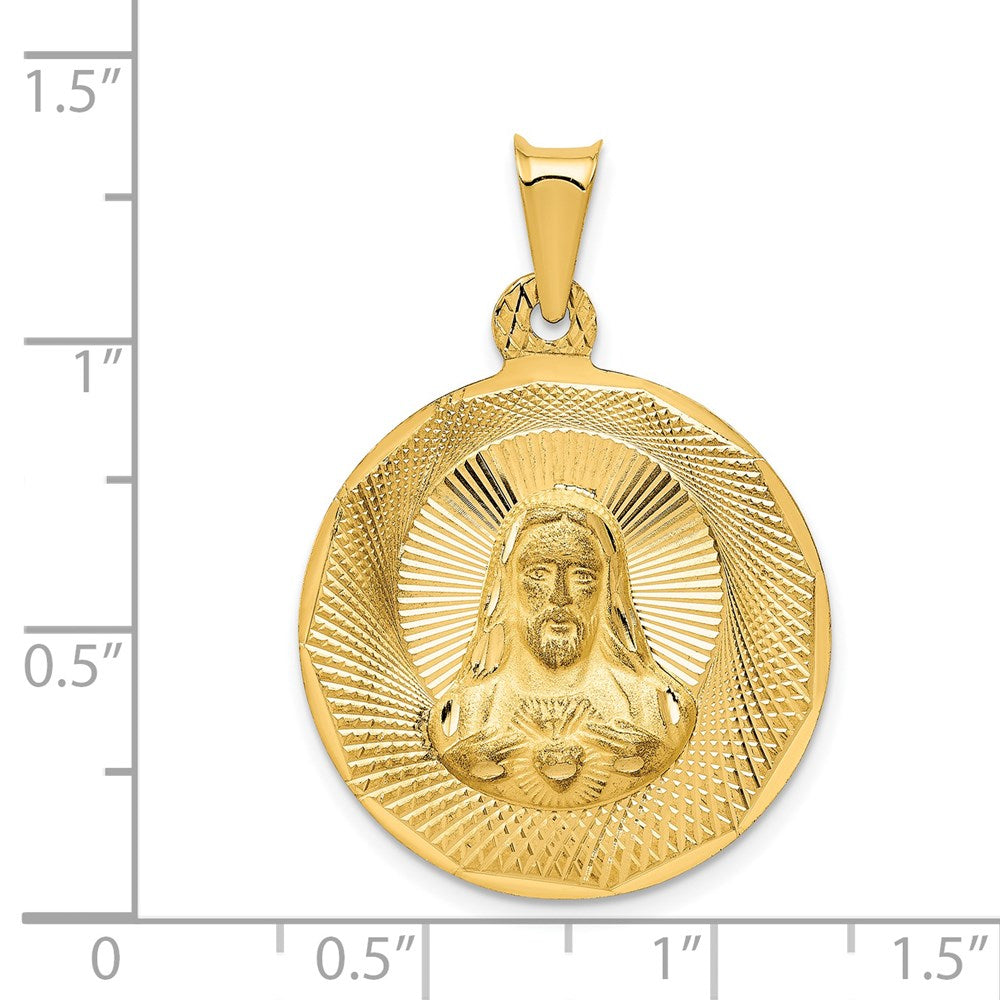 14K Polished Diamond-cut Large Solid Sagrado Corazon de Jesus Round Pendant