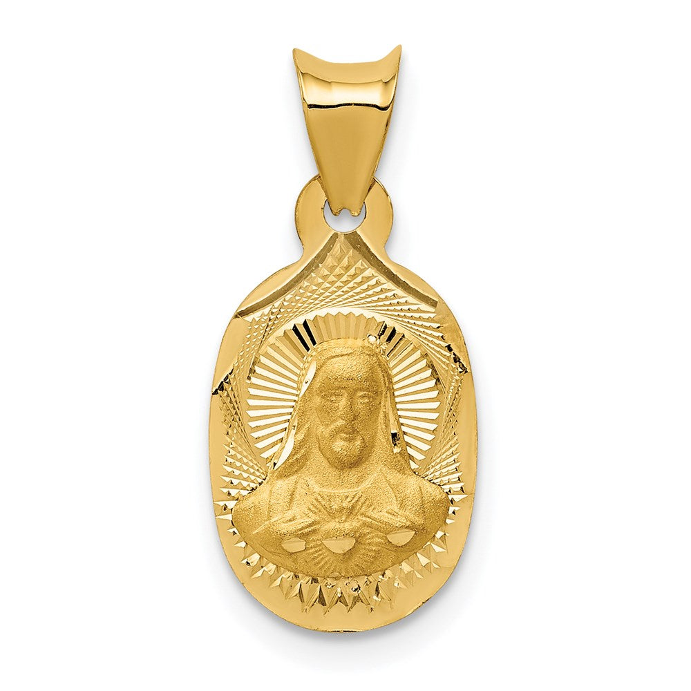 14K Polished Diamond-cut Solid Sagrado Corazon de Jesus Oval Pendant