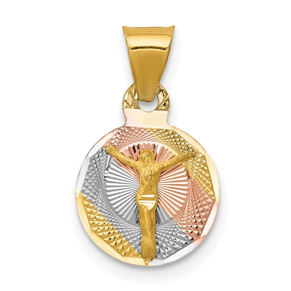 14K with Rose and White Rhodium Diamond-cut Corpus Circle Pendant