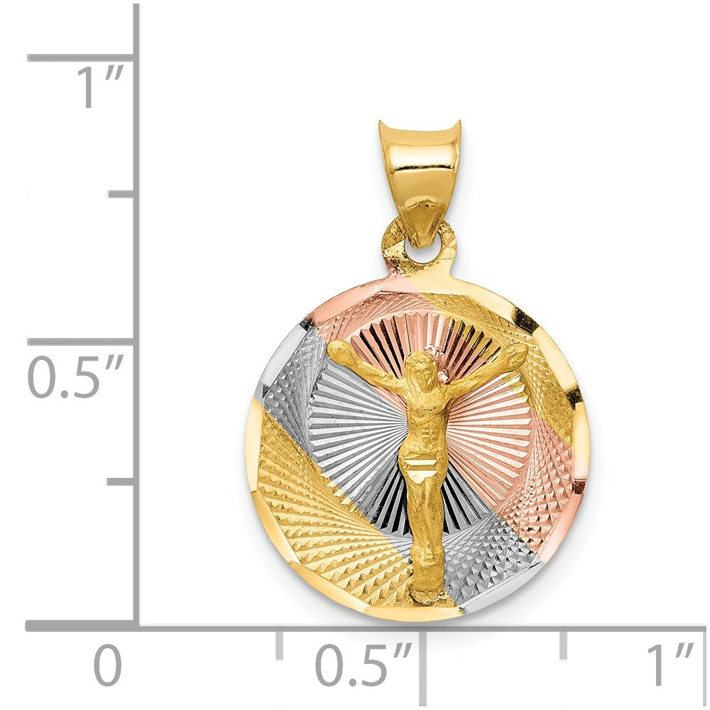 14K with Rose and White Rhodium Diamond-cut Corpus Circle Pendant