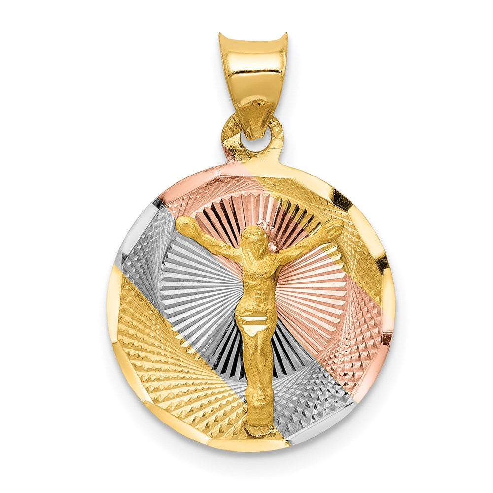 14K with Rose and White Rhodium Diamond-cut Corpus Circle Pendant