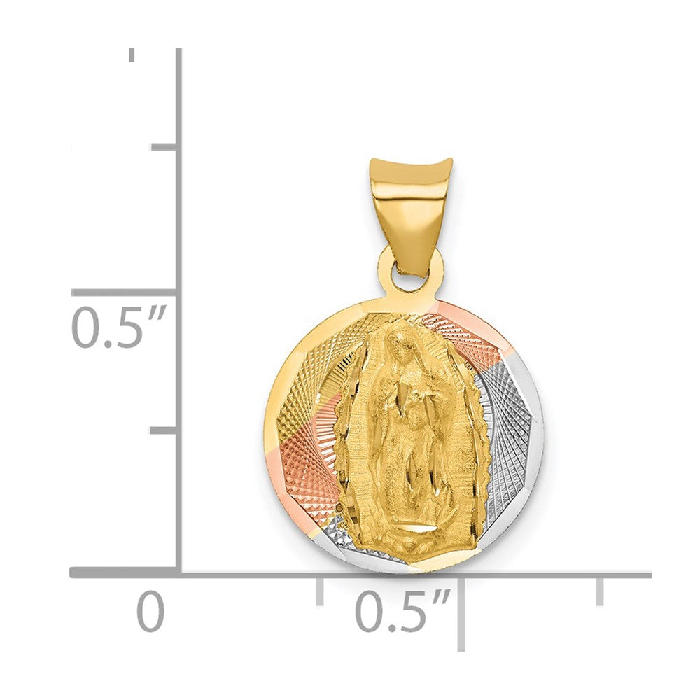 14K with Rose and White Rhodium Polished Diamond-cut Solid Our Lady Of Guadalupe Round Pendant