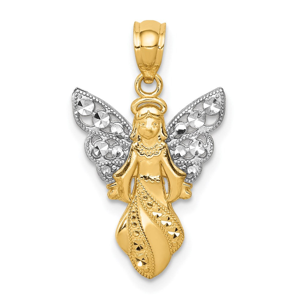 14K and White Rhodium Polished and Textured Angel Pendant