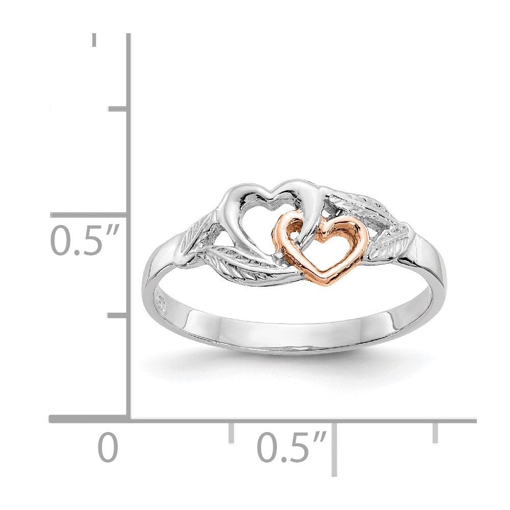 14K White and Rose Gold-Plated Polished 2 Hearts and Leaves Ring