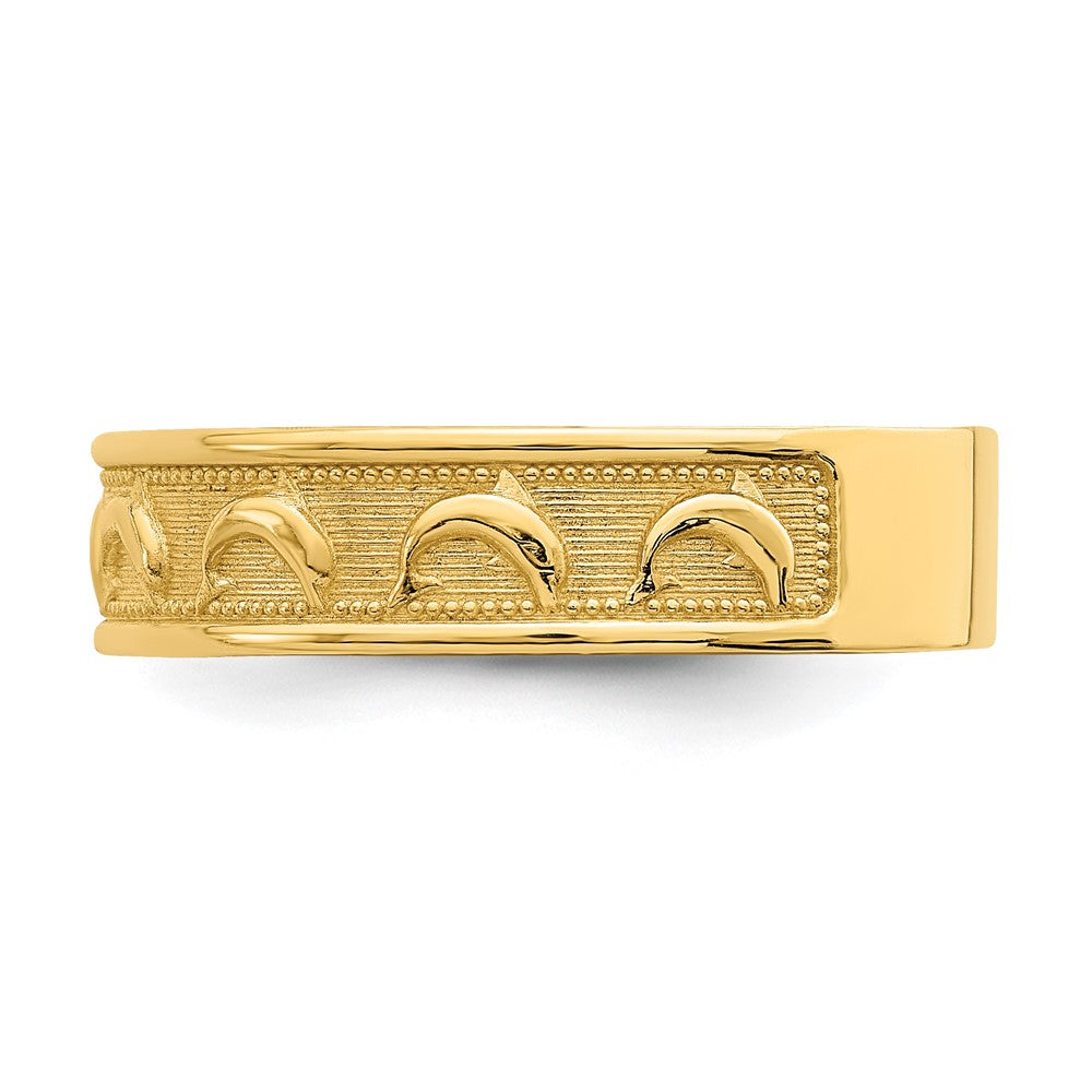 14K Polished and Textured Dolphin Engraved Thumb Ring