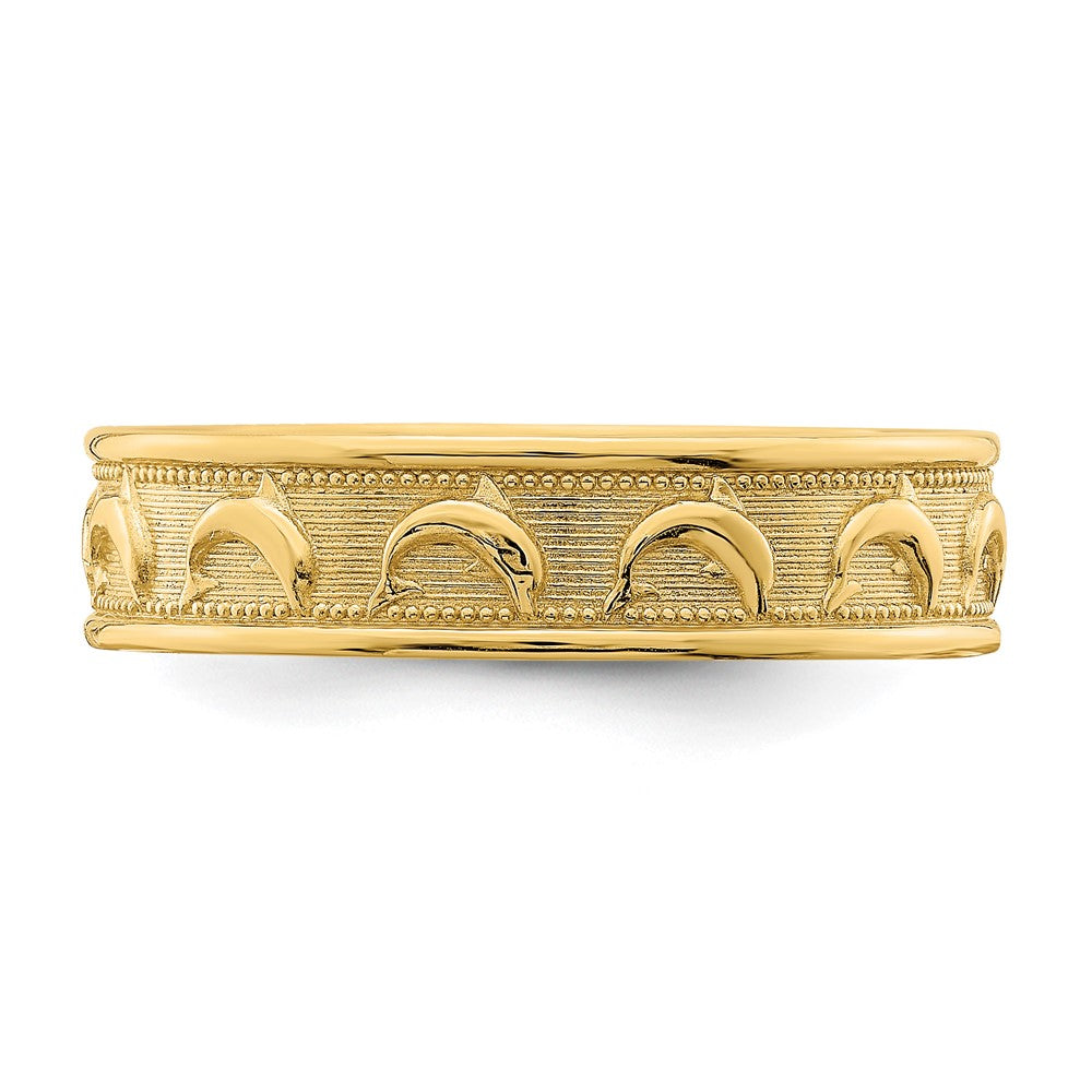 14K Polished and Textured Dolphin Engraved Thumb Ring