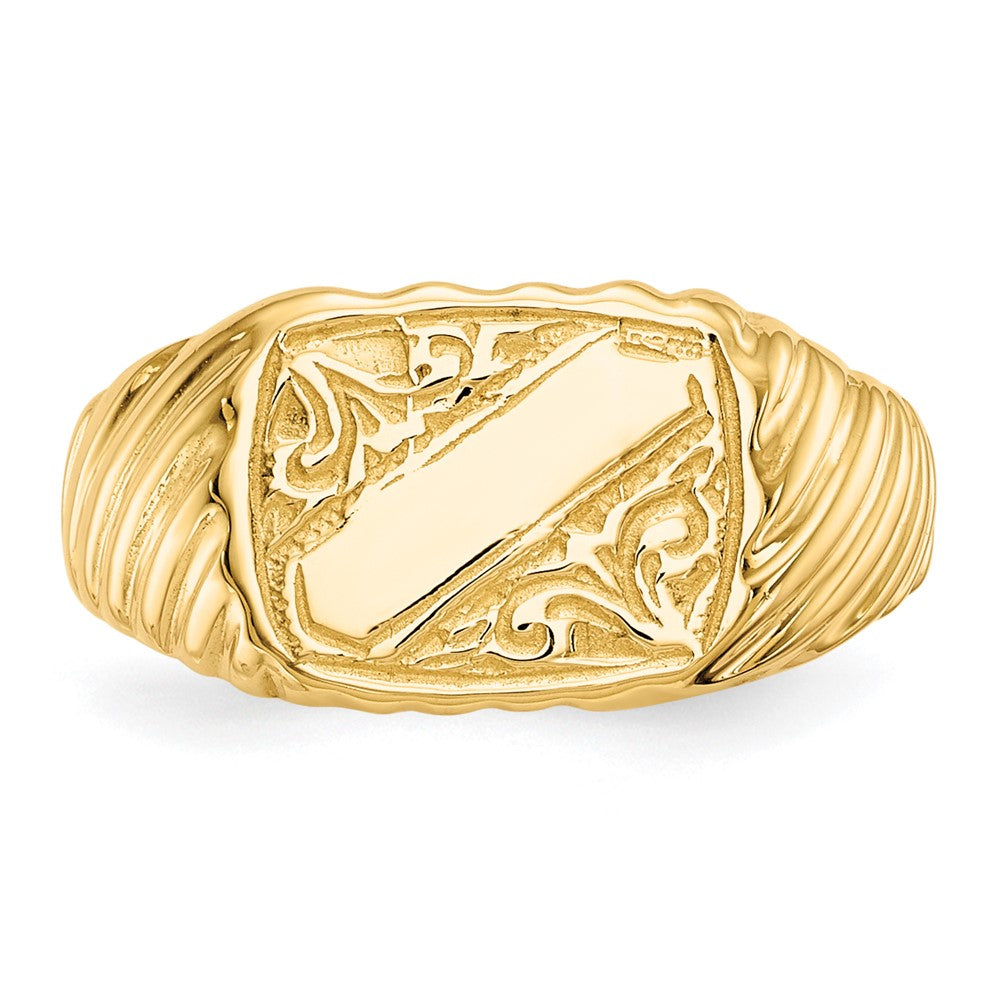 14K Polished 9.5x7.0mm Open Back Baby Rectangular with Stripes Signet Ring