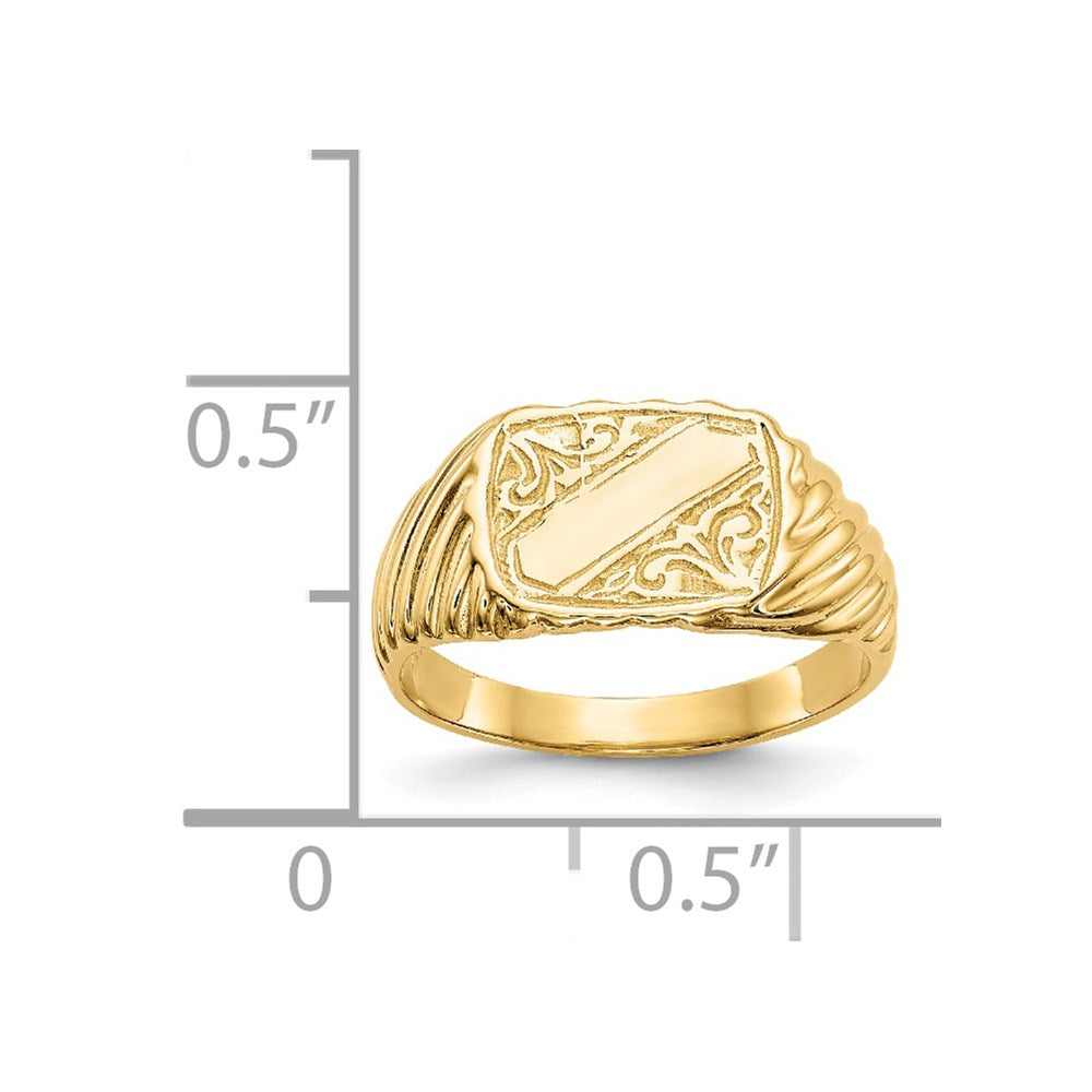 14K Polished 9.5x7.0mm Open Back Baby Rectangular with Stripes Signet Ring