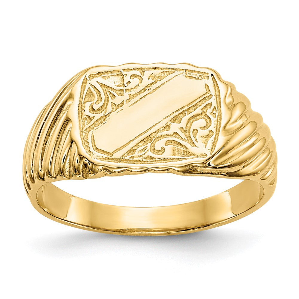 14K Polished 9.5x7.0mm Open Back Baby Rectangular with Stripes Signet Ring