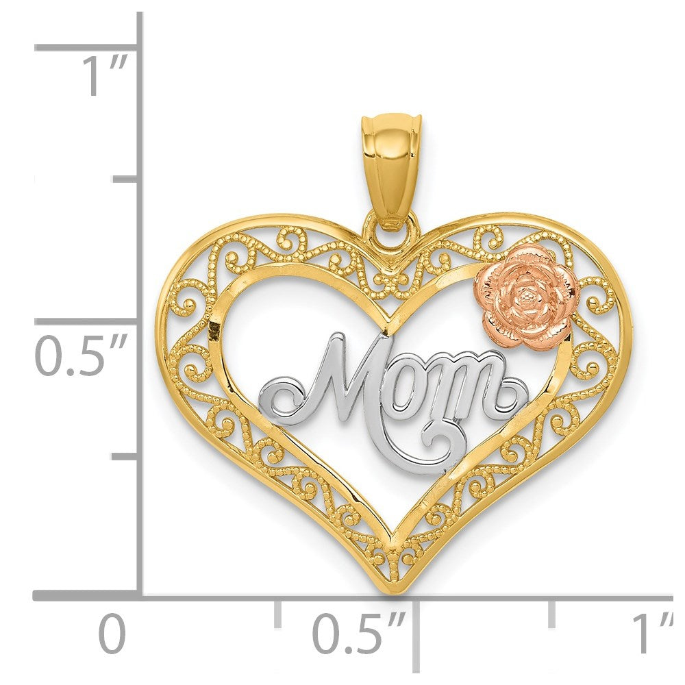 14k Two-tone with White Rhodium Diamond-cut MOM in Heart with Rose Pendant