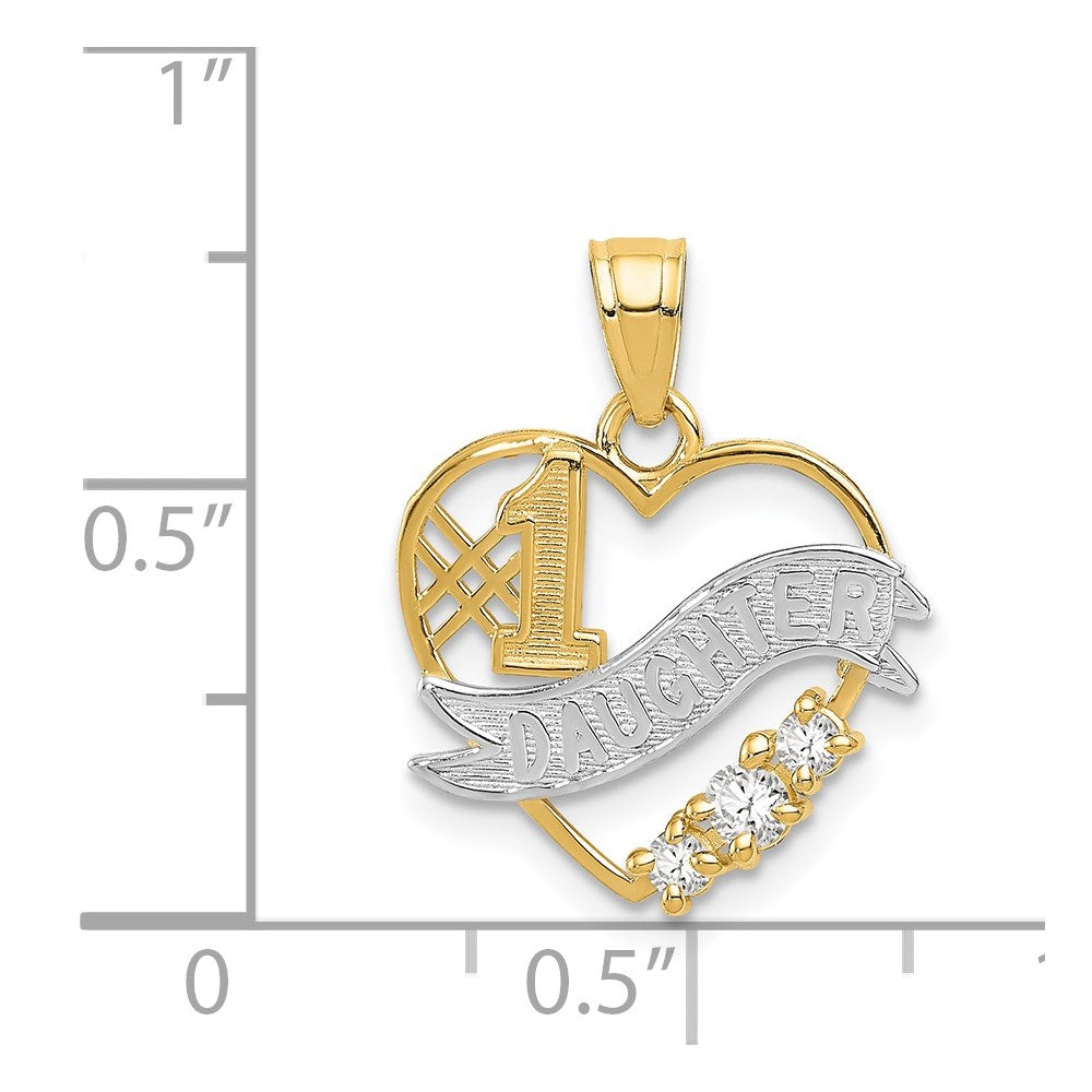 14k and White Rhodium CZ #1 DAUGHTER Heart Pendant