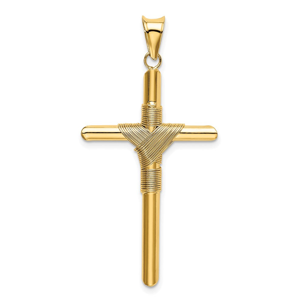 14K Polished with Center Wrap Tube Cross Pendant