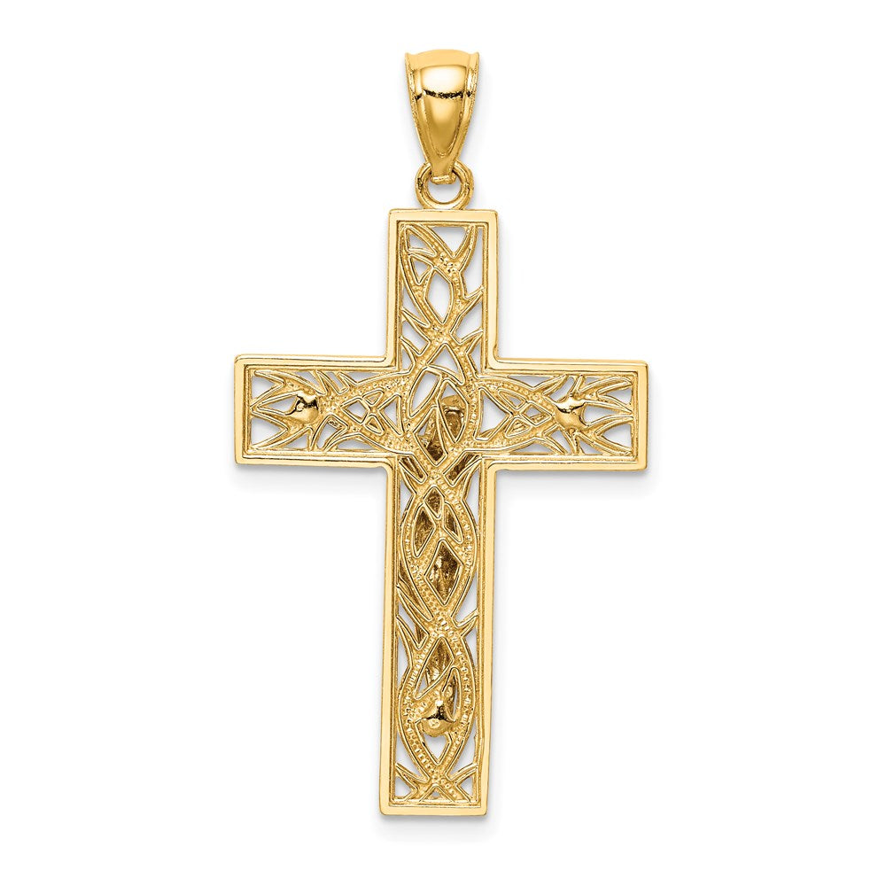 14K Two-Tone Satin Polished Diamond-cut Crucifix with Vines Pendant