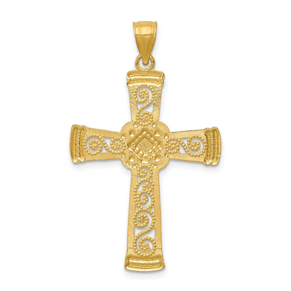 14k and White Rhodium Diamond-cut Filigree Cross Pendant