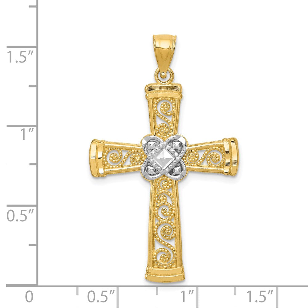 14k and White Rhodium Diamond-cut Filigree Cross Pendant