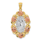 14K Two-Tone with White Rhodium Our Lady Of Guadalupe with Flowers Oval Pendant
