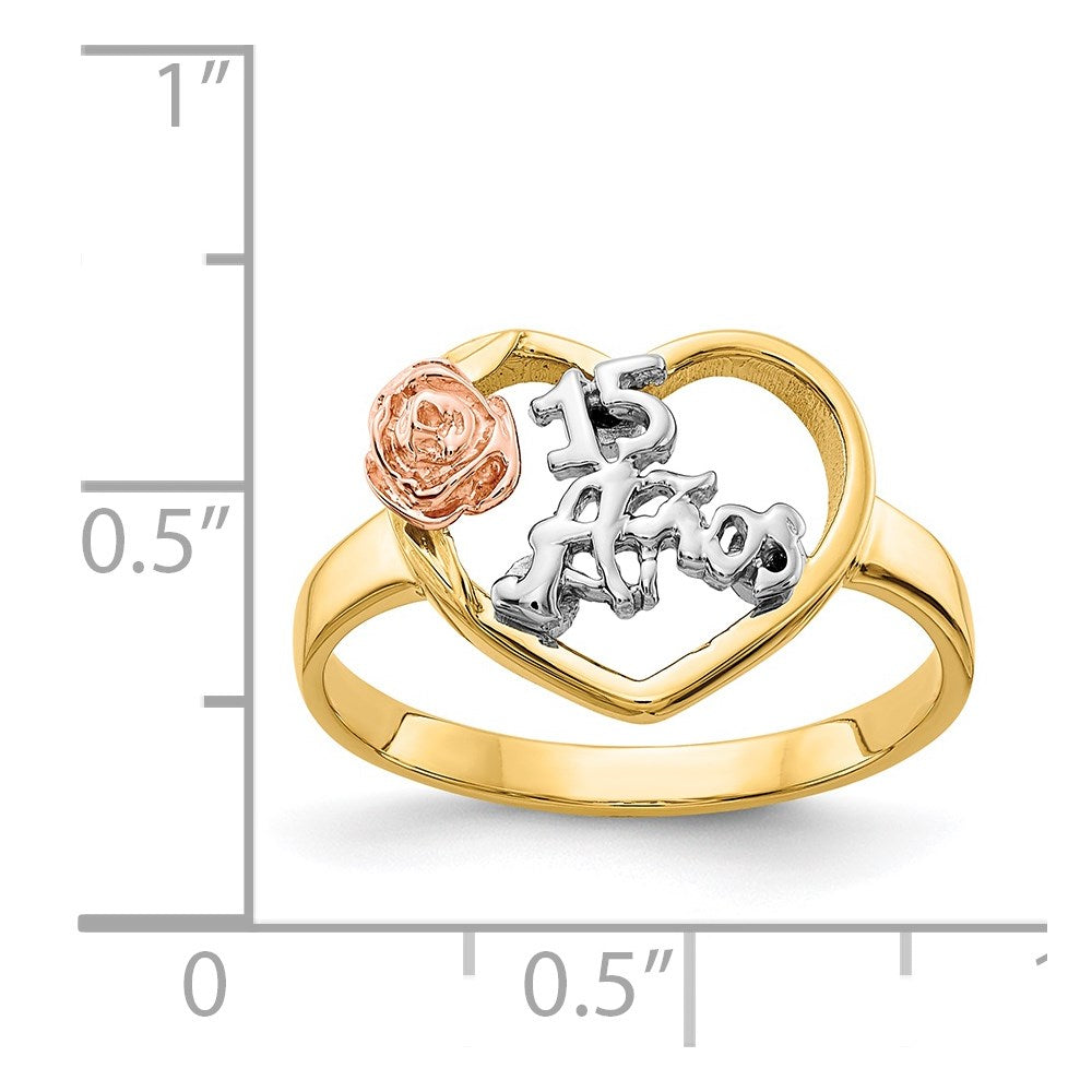 14k Tri-Color Quinceanera 15 ANOS in Heart with Flower Ring