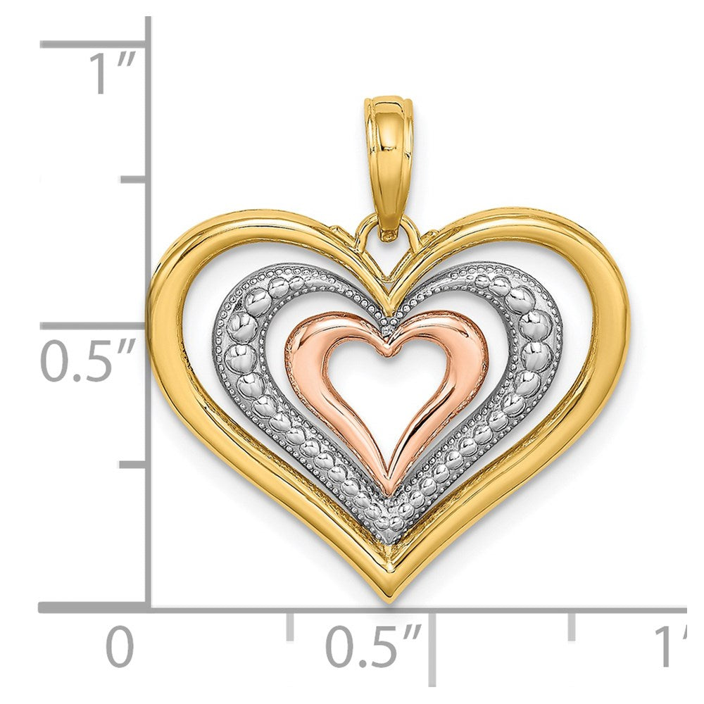 14k Two-tone with White Rhodium Textured and Polished Triple Hearts Charm