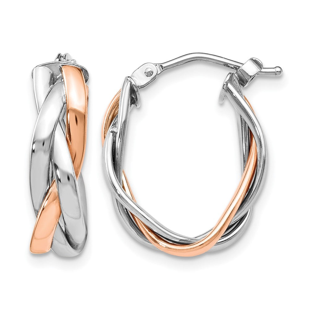 14K with White Rhodium and Rose Gold Plating Polished Hinged Hoop Earrings