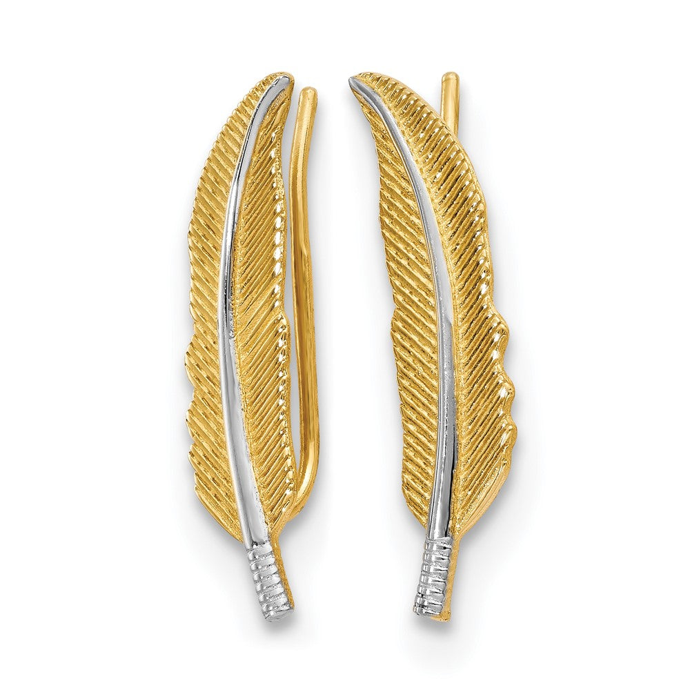 14K w/Rhodium Polished Feather Ear Climber Earrings