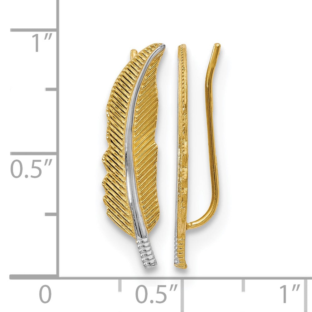 14K w/Rhodium Polished Feather Ear Climber Earrings