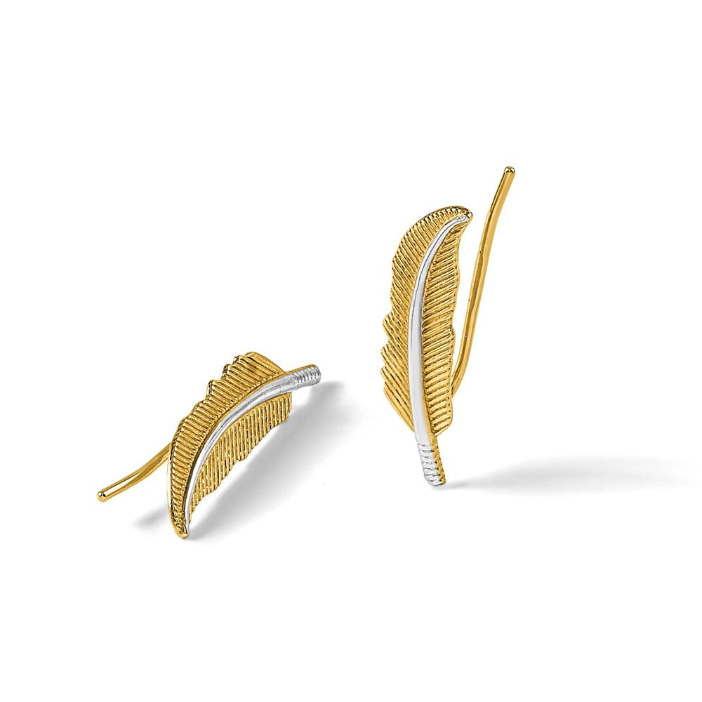 14K w/Rhodium Polished Feather Ear Climber Earrings