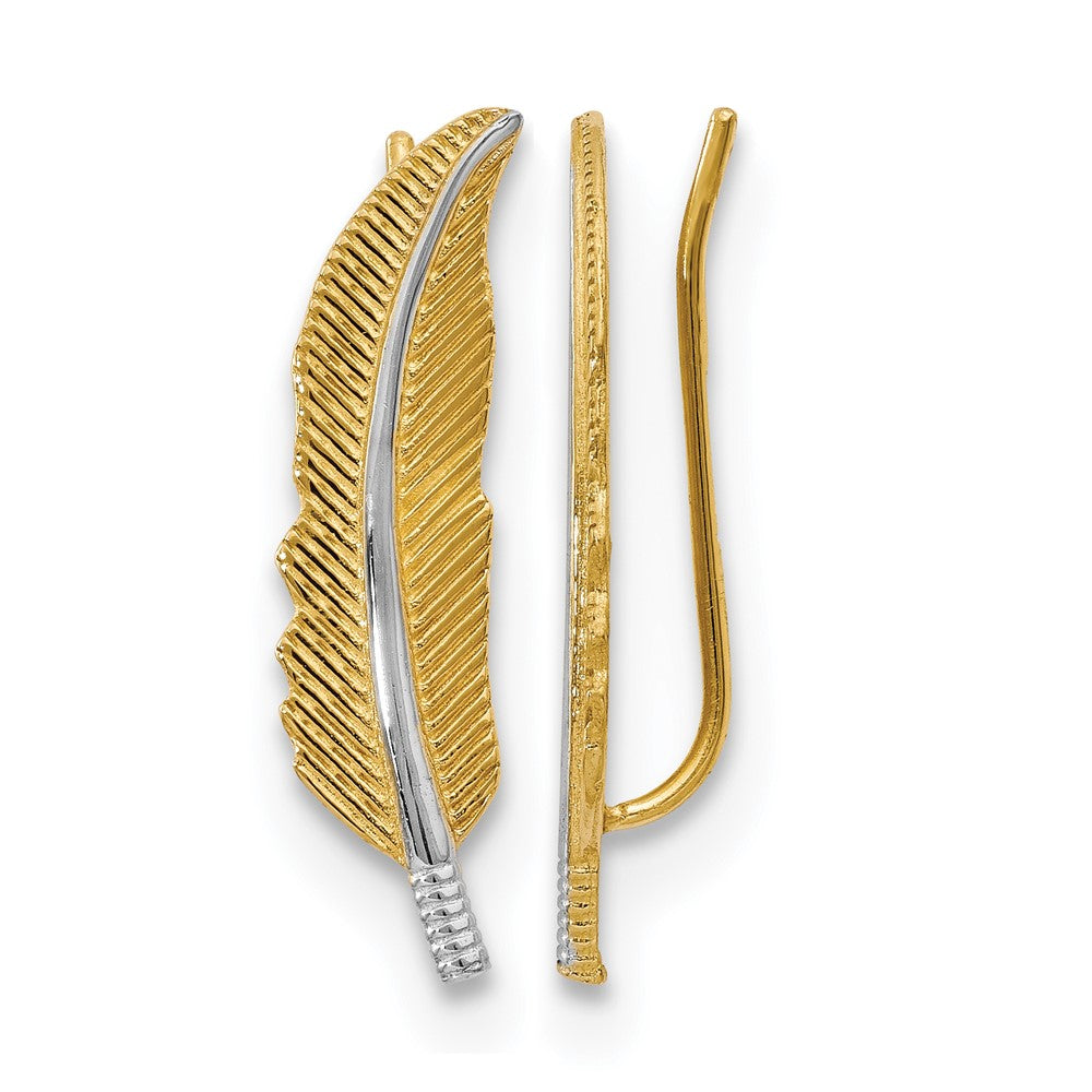 14K w/Rhodium Polished Feather Ear Climber Earrings